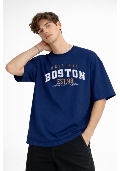 Misa Tahtakale Boston - Baskılı Oversize Tişört Lacıvert Çok Renkli