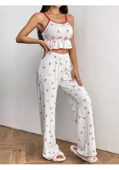 Gazaniga Kadın Beyaz Likralı Desenli Askılı Gecelik Pijama Takımı Chery