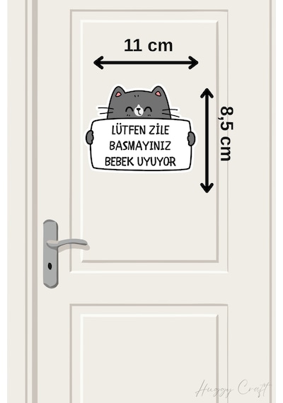 Lütfen Zile Basmayınız Bebek Uyuyor Gri Sevimli Kedi Sticker Kapı Zili Etiketi Beyaz - Gri