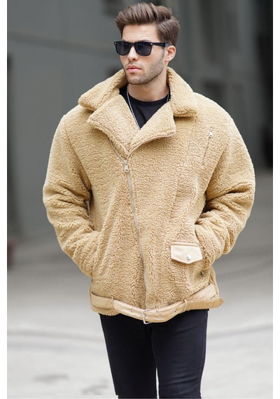 Madmext Camel Peluş Biker Erkek Ceket 6849-camel Camel