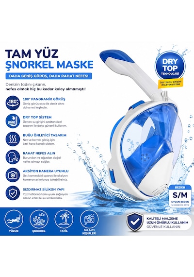 Tam Yüz Şnorkel Maske Panoramik Görüş Dry Top Sistem Dalış & Deniz Maskesi Anti-fog Su Geçirmez Snorkel Seti Açık Mavi