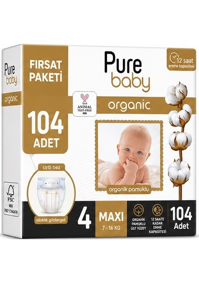 Pure Baby Organik Bebek Bezi 4 Beden 7-16 Kg Maxi 104 Adet 4 Numara