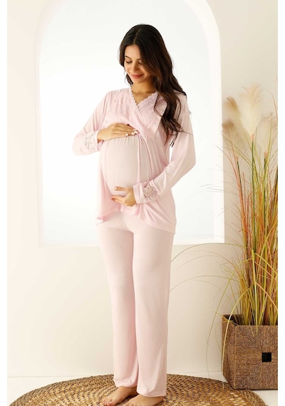 Farya Home Premium Kutulu Emzirme Bölmeli Dantelli Hamile Lohusa Pijama Takımı Açık Pembe
