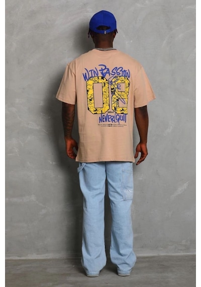 Erkek Baskılı Tişört Kısa Kol Bisiklet Yaka Oversize T-shirt - Bej