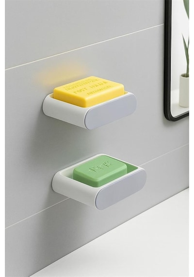 Yapışkanlı Banyo Mutfak Sabunluk Süngerlik Seti, Beyaz, 2&apos Li Set, Duvara Monte, 14.5x9.7x4 Cm 000 Açık Krem