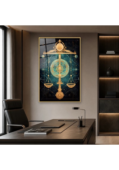 Süslü Altın Terazi Gold Çerçeveli Cam Tablo