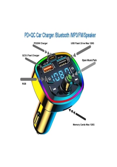 Araç Bluetooth 5.0 Fm Transmitter Cihazı Araba Müzik Mp3 Çalar Sd Kart Okur Oto Çakmaklık Şarj Aleti