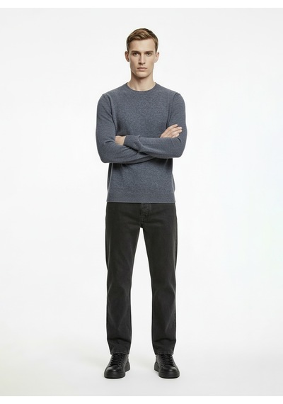 Alpha Studio Gri Erkek Bisiklet Yaka Regular Fit Kazak Au-3210c Pacth Crewneck Knıt