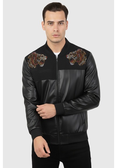 Rizzup Siyah Kaplan Taş Detaylı Slim Fit Likralı Kolej Yaka Erkek Suni Deri Ceket 2600927