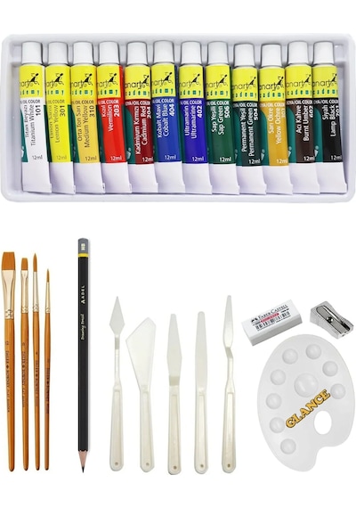Fanart Academy Yağlı Boya Seti 12x12ml Daler Rowney 4'lü Fırça Seti Plastik Spatül Dereceli Kalem
