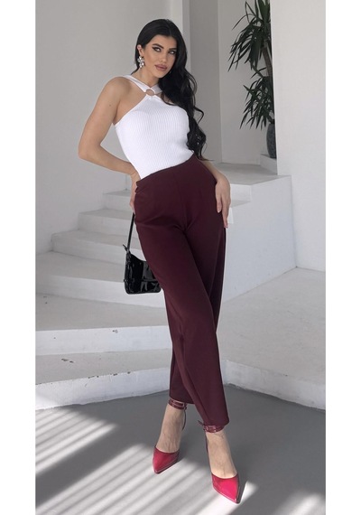 Paw Garage Kadın Bernis Bordo Balon Pantolon, Beli Lastikli Şalvar Model Krep Balon Pantolon Basen Gizleyen Bordo