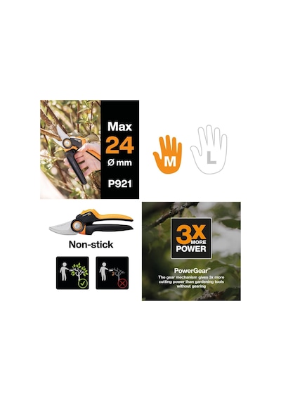 Fiskars Bypass M Bahçe Makası, X Serisi Powergear, P921, Döner Sap, Taze Dallar İçin, Yapışmaz Kaplama, Paslanmaz