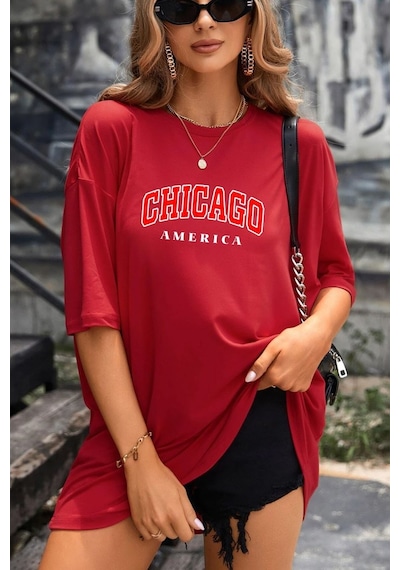 Unisex Chiago Baskılı T-shirt Kırmızı