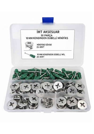 İmt Aksesuar 10 Mm Kendinden Dübelli Minifix Gövde Ve Mil Seti - Mobilya Bağlantı Elemanı 50 Parça Metalik