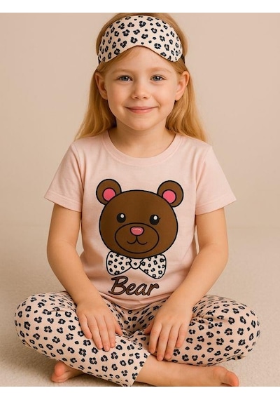 Kız Çocuk Pamuklu Kısa Kol Ayıcık Desenli Pijama Takımı Uyku Bandı Dahil -16055 Pembe