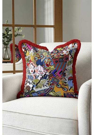 Pop Art Renkli Saçaklı Yastık Kılıfı - Çizgi Roman Temalı Retro Kırmızı Püsküllü Kırlent Kılıfı Adaçayı Altın Sarısı Pop Art Renkli Saçaklı Yastık Kılıfı - Çizgi Roman Temalı Retro Kırmızı Püsküllü Kırlent Kılıfı Adaçayı Altın Sarısı