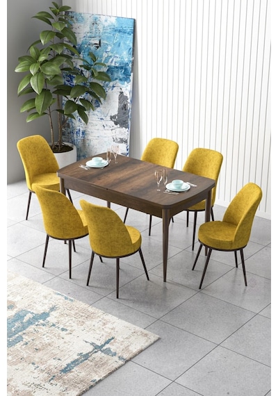 Canisa Concept Zen Serisi 80x132 Mdf Açılabilir Barok Ahşap Desen Masa Takımı Ve 6 Hardal Sandalye Barok Masa Sandalyeler Hardal