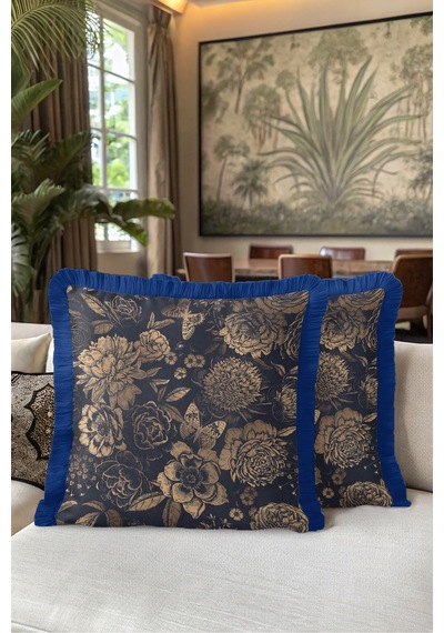 Çiçekli Vintage Floral Saçaklı Yastık Kılıfı - Botanik Lacivert Bej Lacivert Püsküllü Kırlent Kılıfı Sessiz Ufuk Mira