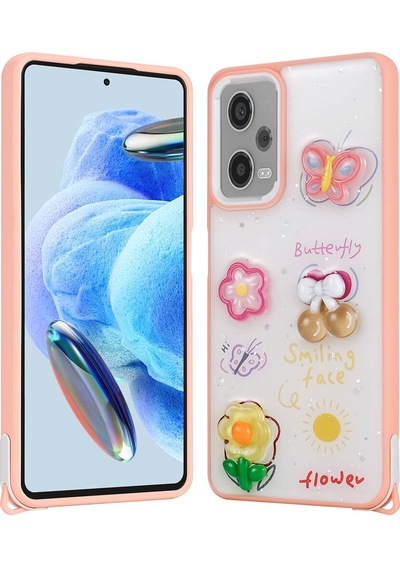 Xiaomi Redmi Note 12 Pro Plus 5g Kılıf Parlayan Simli Kabartma Figürlü Zore Cevze Kapak Pembe