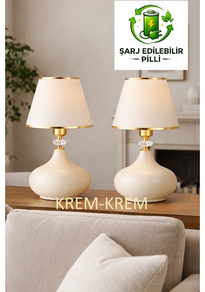 Şarj Edilebilir Pilli Led Dekoratif Masa Abajuru Gece Lambası Bej