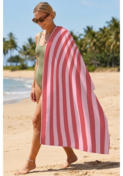 Çizgili Pembe Kırmızı Plaj Havlusu - Modern Marin Stil Havuz Deniz Hızlı Kuruyan Mikrofiber Havlu Sisli Deniz