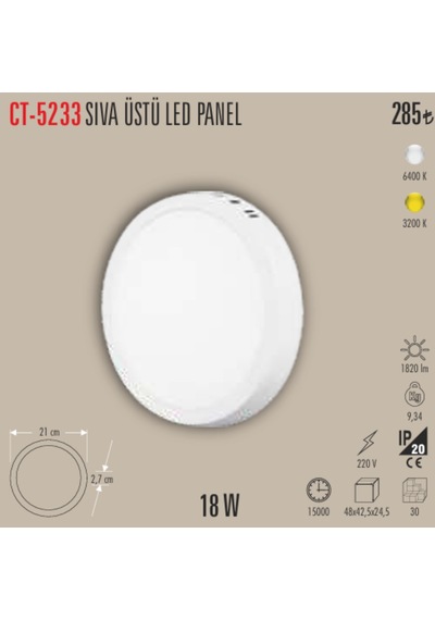Ct-5233sıva Üstü Led Panel 1adet - 18 W Beyaz