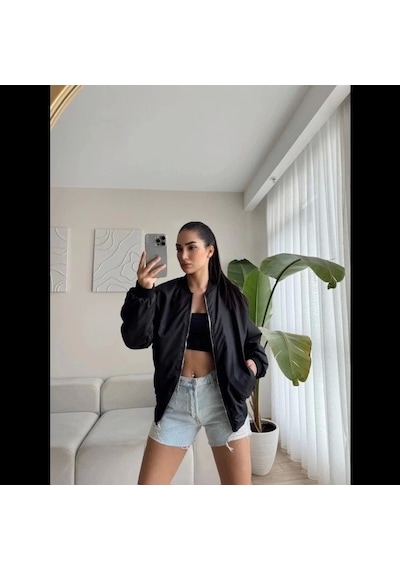 Unisex İçi Astarlı Düz Bomber Ceket - Siyah Siyah