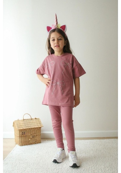 Jeliboom Kids Taşlı Fiyonklu Taytlı Kız İkili Takım 3-10 Yaş -li6731220 - Gül Kurusu