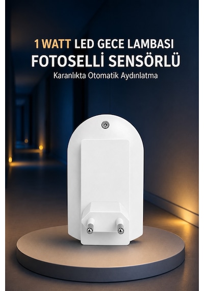 1 Watt Fotoselli Sensörlü Led Gece Lambası Otomatik Yanan Koridor Yatak Çocuk Odası Aydınlatma Beyaz
