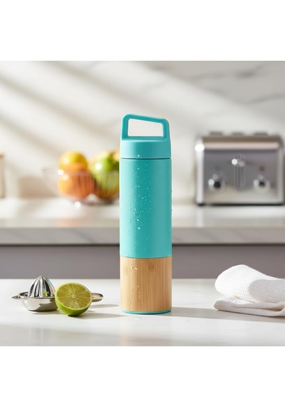 600 Ml Bambu Tabanlı Kulplu Çelik Termos Mug - 5 Renk Seçenekli Sıcak/soğuk Tutucu Seyahat Bardağı Turkuaz Diğer