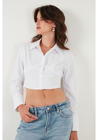 Lela Fitted Fit Pamuklu Korse Detaylı Uzun Kollu Crop Bayan Gömlek 611Go00376 Beyaz