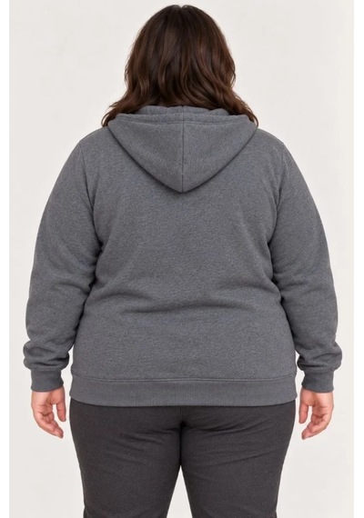 N11 Battal Büyük Beden Üç İplik İçi Şardonlu Kapüşonlu Tam Fermuarlı Kışlık Sweatshirt - Füme