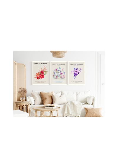Çerçeveli Çiçekli 3'lü Tablo Seti - Modern Flower Market Tablo Seti - Salon Tablo Seti Beyaz - 669656494 Beyaz