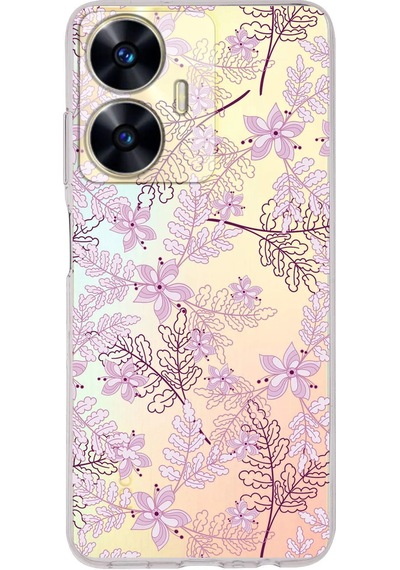 Realme C55 Uyumlu Kamera Korumalı Floral Pudra Tasarımlı Şeffaf Silikon Kılıf