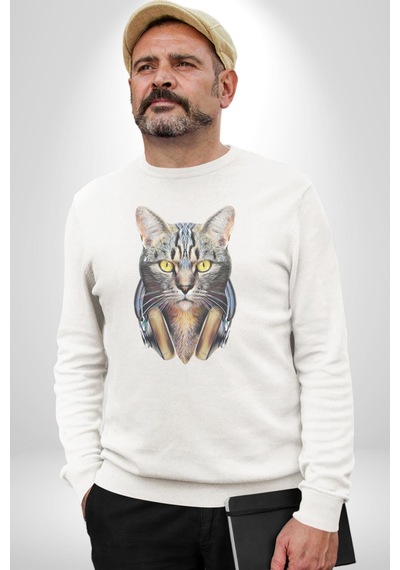 Kulaklık Kedi Unisex Beyaz Baskılı Sweatshirt Beyaz