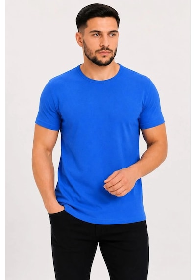 Tarz Yeri Erkek Basic Tişört Bisiklet Yaka Kısa Kol Günlük Yazlık Slim Fit T-shirt - Saks Mavisi