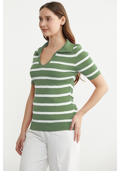 Polo Yaka Çizgili Triko Tişört - Mint