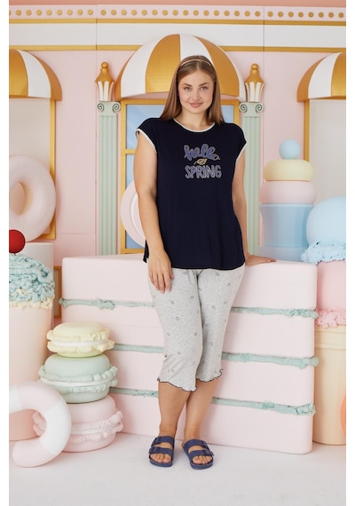 Sevim Kadın Büyük Beden Kısa Kol Kapri Lacivert Pijama Takım C2t4n7o51 001