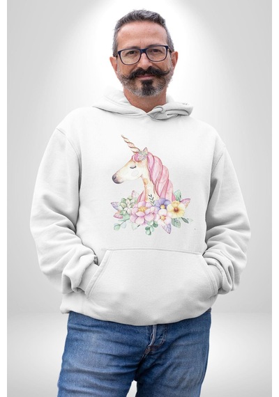 Unicorn Çiçek Kadın Erkek Beyaz Kapüşonlu Sweatshirt Hoodie Beyaz