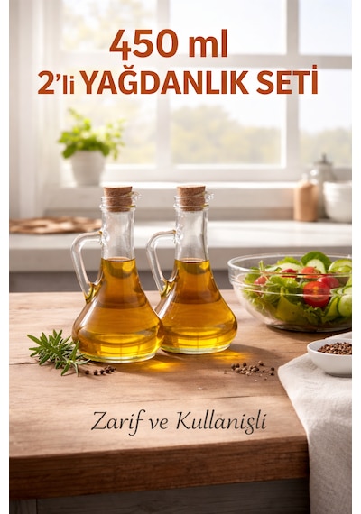 450 Ml 2 Li Cam Yağdanlık Seti Mantar Kapaklı Şeffaf Sirkelik Zeytinyağı Şişesi Ergonomik Tasarım Şeffaf
