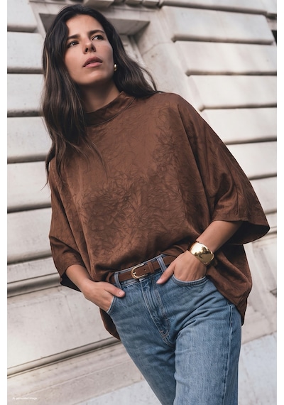 Sateen Yarasa Kol Bluz - Açık Kahve-137826 Açık Kahverengi