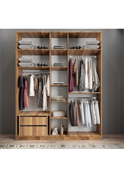 Soft 10 Kapaklı Yüklüklü Gizli Çekmeceli Gardırop Dolap Ceviz 200 Cm Ceviz