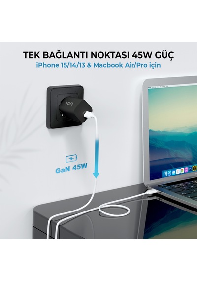 Bix Bx45g Gan Type-c Pd 45w Pps Mini Hızlı Şarj Cihazı Siyah