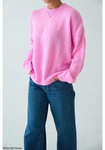 CEMO Bisiklet Yaka Oversize Triko Kazak Pembe