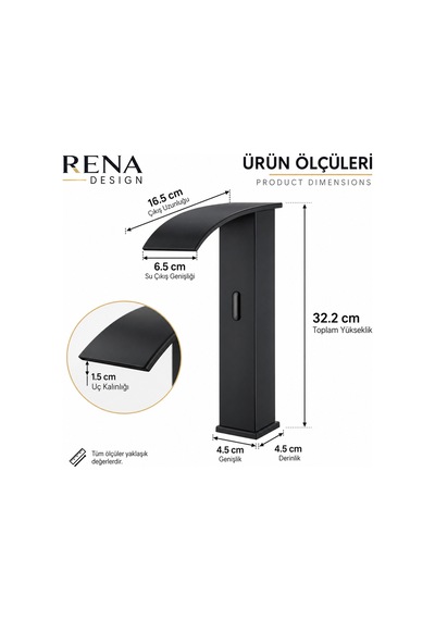 Rena Design Fotoselli Sensörlü Siyah Kare Çanak Lavabo Bataryasi Temassiz Otomatik Tasarruflu Modern Musluk