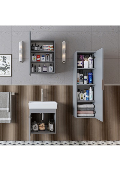 Likya Kapaklı Lavabolu 50 Cm Banyo Alt Dolabı + Üst Dolabı + Banyo Boy Dolabı Kül Gri