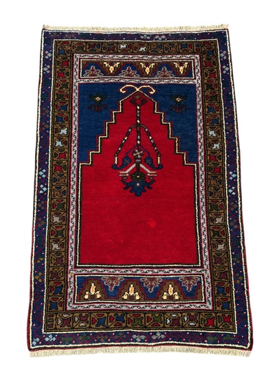 El Dokuma Hatalı Obruk Halısı Seccade 80x135 Kırmızı Lacivert Kök Boya Namazlık