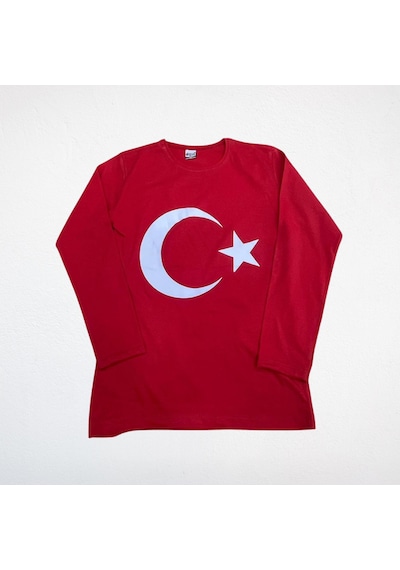 Ay Yıldız Baskılı Uzun Kollu Çocuk Tişört Kompakt Penye Kırmızı - Beyaz