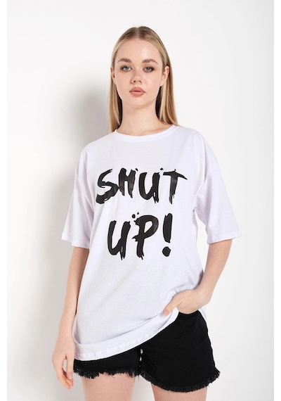 Startmore Kadın Shut Up Beyaz Baskılı Oversize Tshırt Beyaz