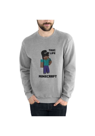 Mine Craft Thug Life Baskılı Gri Erkek Örme Sweatshirt
